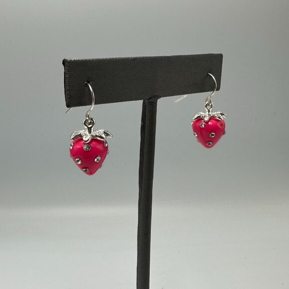 3/$30 Strawberry Dangle Earrings Pink Silver Tone Rhinestone Accents Fruit - Picture 5 of 11